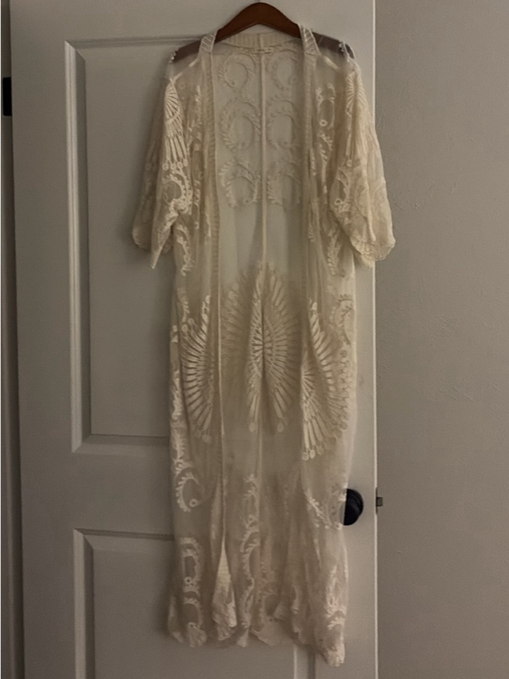 Anthropologie Sheer Embroidered Long Kimono Duster - Cream
